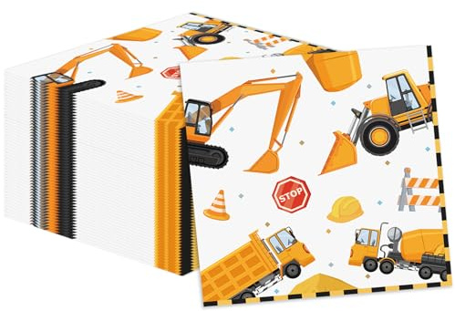 50 Pcs Construction Napkins 13 x 13 Inches, Excavator Paper Napkins Construction Theme Disposable Cocktail Napkins for Kids Boys Birthday Party Decorations (Construction)