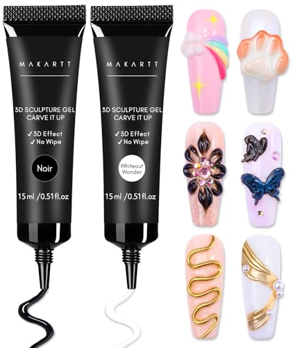 Makartt 3D Nail Gel for Nail Art White & Black 2Pcs No Wipe Set | Sculpting Carving Gels for 3D Designs & Embellishments, UV/LED Curing Required, Ideal for DIY Creators