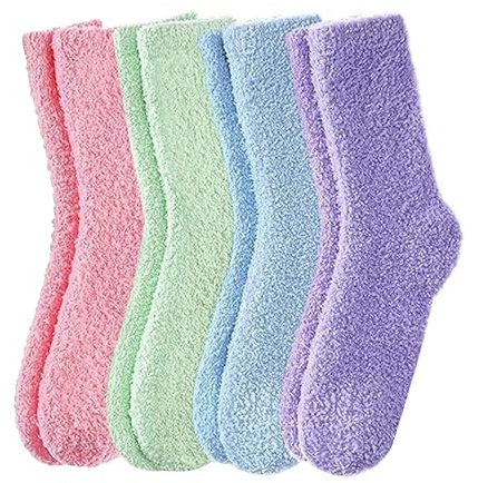 InfiniZer Fluffy Womens Socks, Soft Fuzzy Winter Warm Socks, Cozy Thermal Bed Socks for Ladies, Comfortable Gift for Christmas & Mother’s Day, Size UK 4-8 (Purple*Light Blue*Light Pink*Light Green)