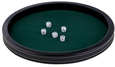 Engelhart-300802 – pokerbordsbricka rund 15,7 tum deluxe – svart falskt läder – inlagd grön filt – upphöjda kanter – 5 tärningar ingår – tillbehör för tärningsspel