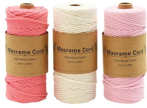 Hyacinthy Hilo Macrame 3mm- 3x100m Cuerda Macrame Algodon para Manualidades Bricolaje Hogar Decoración Bohemia Colgantes de Plantas Tapices de Pared Tejer (1.Beige+Rosa Claro+Rosa)