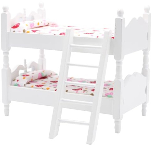 Jeorywoet Lit superposé de poupée, échelle 1:12, Maison de poupée en Bois avec échelle, literie Florale, Meubles réalistes, Blanc