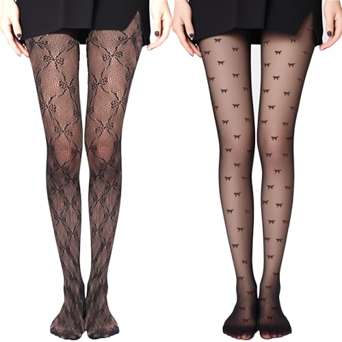PHIOMUUE 2PCS Funky Tights for Women,Bow Patterned Tights,Fashion Sheer Tights See-through Stockings,Dating Shopping Accessories Funky T-ights Breathable Sexy Black Pantyhose for Women Girl