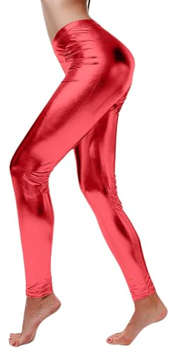 Glitter leggings dam rosa läderbyxor dam sexig push up konstläderbyxor stretch glänsande leggings skinny läderleggings karneval glitterbyxor tajta tights hög midja dambyxor glänsande byxor, röd, M