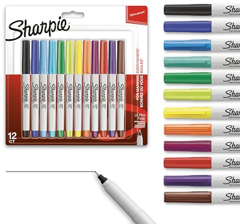 Sharpie Permanent Markers, Ultra Fine Point, Assorted Colors, 12 Count