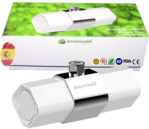 BRUMICOLD SPAIN filtro ducha con ultrafiltración por membrana PE, ablanda cal, elimina cloro, flúor y metales pesados, microplasticos, irritantes perjudiciales, ideal para pieles atopicas