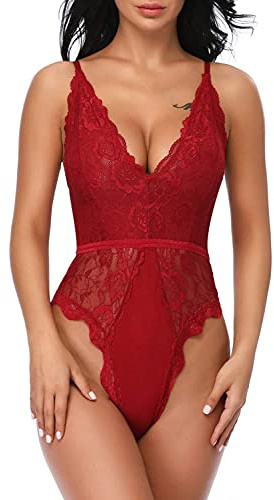 EVELIFE Body Mujer Erótica Ropa Interior Lingerie Sexy Lenceria Encaje Floral Cuello V Una Pieza Lencería Transparente(Vino Tinto L)