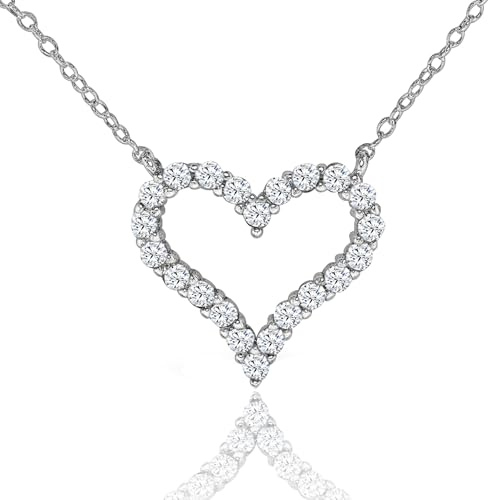 AceLay 14k Gold Plated Sterling Silver Heart Necklaces For Women Filled With CZ Stones | Women's Jewelry Love Pendant Necklace (Silver)