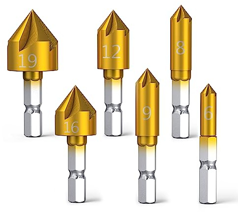 Broca de chaflán 6 pcs avellanador cónico HSS juego de brocas de 1/4 vástago hexagonal 5 flauta 90 ° agujero cortador broca avellanadora de biselado para madera metal cambio rápido Bit