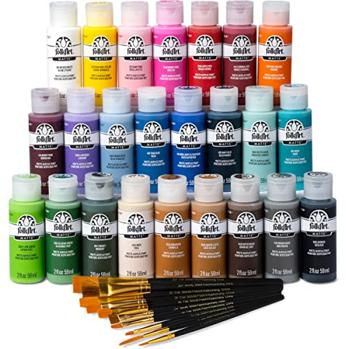 FolkArt 99445 24 Bottle Acrylic Craft Paint Set with 10 Pack of Brushes, 2oz, Colors May Vary
