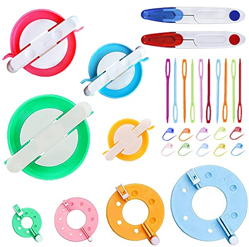 KNEWMART Pom Pom Maker 8 Taglie Pompon Maker Kit Contiene 2 Forbici + 10 pennarelli per Punti Maglia + 10 Aghi in plastica (30)
