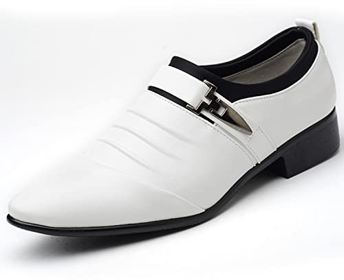 WOkismD Zapatos de Cuero de Hombre Zapatos Casuales Zapatos de Vestir de Negocios Zapatos de Boda Decoraciones metálicas Tallas Grandes,Blanco,41