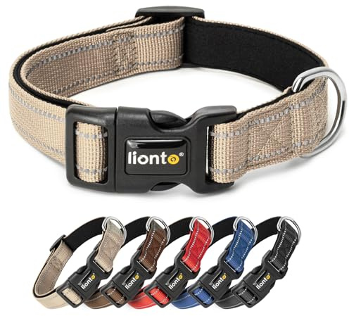 lionto Collar de Perro Acolchado Collar de Nylon Reflectante Impermeable Ajustable, Tamaño S, Beige