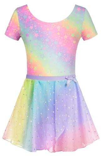 Arshiner Body da Balletto per Ragazze Manica Corta Vestito da Balletto Abbigliamento da Balletto per Bambini Arcobaleno Vestito da Ballo Body con Gonna tutù 6-7 Anni