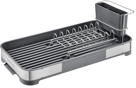 SONGMICS Scolapiatti Piccolo, Asciugapiatti da Banco Compatto, Stendipiatti in Acciaio Inox con Scarico, Portaposata, Antiruggine, per Piatti, Coltelli, Cucchiai, Forchette, Argento e Grigio KCS034G01