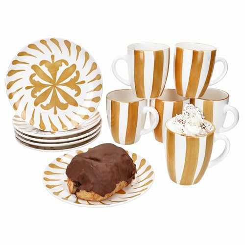 MamboCat Service de petit-déjeuner 12 pièces jaune sapin I 6 petites assiettes à petit-déjeuner et 6 tasses à café pour 6 personnes avec branches et rayures I Noël