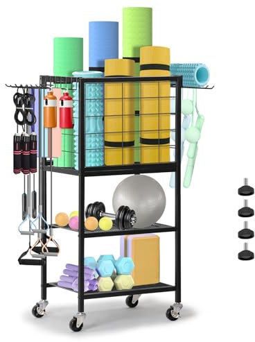 LIANTRAL Hantelständer, Yogamatte Aufbewahrung mit Rädern und Haken, multifunktionaler Fitnessgeräte Aufbewahrungsständer Yoga Matte Hantelablage für Heim-Fitnessstudio, Schwarz