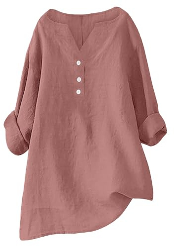 2025 Chemisier Femme Chic et Élégant Chemise Coton et Lin pour Femmes Col en V Bouton Manches Longues Tops Couleur Unie LâChe Respirant T-Shirts Grande Taille Pas Cher Casual Coton Lin Blouse Tunique