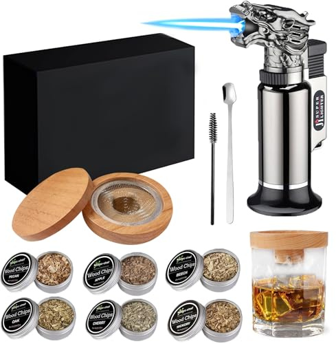 Set per Affumicare Whisky, Affumicatore da Whisky con 6 Trucioli di Legno e Bruciatore per Fiamma, Kit per Affumicatura Cocktail, Set per Affumicare Whisky per Bevande e Cibo e Bourbon, Regalo per