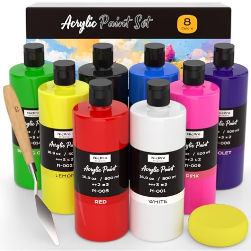 Nicpro 8 Colors Large Bulk Acrylic Paint Set(16.9 oz, 500 ml), Rich Pigments, Non Toxic Craft Paint for Multi Surface, Canvas, Wood, Leather, Ceramic, Fabric - Art Painting Supplies for Kids & Adults