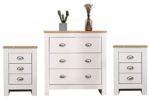 FUSIDE 3 Pieces Bedroom Set Chest of Drawers Bedside table set of 2 Wooden Storage Unit for Living Room Furniture,White or Grey (White+Oak)