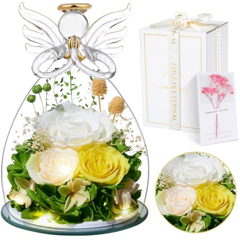 Regalos Originales para Mujer Día de la Madre, Rosa Eterna Flores Preservadas en Ángel Figura, Regalos para Mamá Madre Abuela Esposa Novia, Cumpleaños Navidad Acción de Gracias Aniversario, Blanco