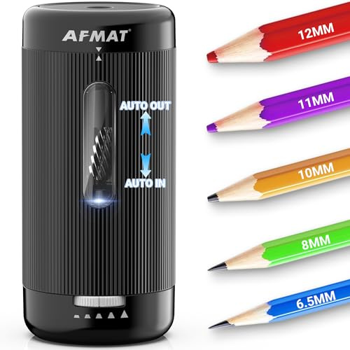 AFMAT Fully Automatic Electric Pencil Sharpener, Auto in&Out, Rechargeable Hands-Free Fully Automatic Pencil Sharpeners for Jumbo&Colored Pencils (6.5-12mm), Fast for Home/Classroom/Office, Black PSC3