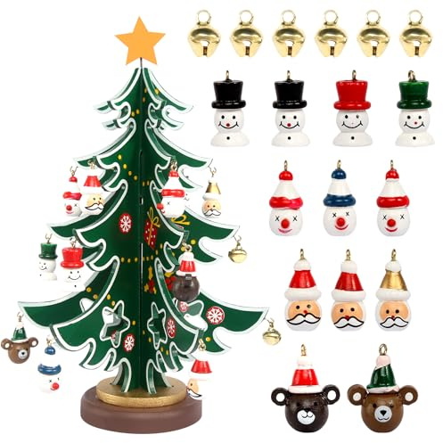 Mini árbol de Navidad de madera Mini árbol de Navidad Mini árboles de Navidad con 18 adornos de Navidad Adornos para árbol de Navidad para decoración DIY de Navidad decoración de mesa