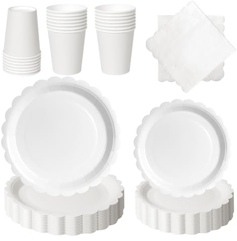 PYAILI Juego Vajilla Blanco 96 Piezas para 24 Invitados | Incluye platos, vasos y servilletas, apto para cumpleaños infantiles, Navidad, barbacoas y diversas celebraciones