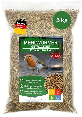 Mehlwürmer getrocknet 5 kg – Premium Einzelfuttermittel für Wildvögel, Ergänzung zum Vogelfutter – Proteinreicher Snack für Fische, Reptilien & Nager – Ganzjahresfutter für Igel & Eichhörnchen