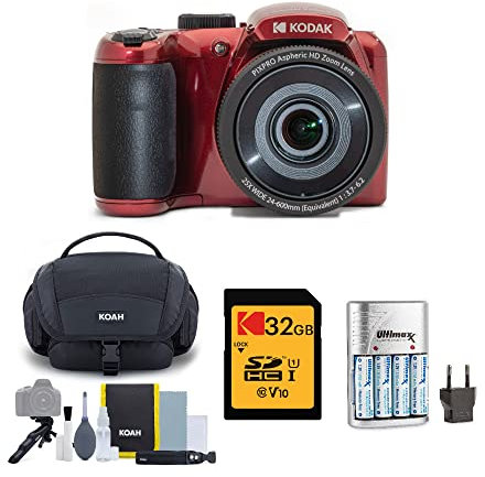 Kodak PIXPRO AZ255 Astro Zoom 16MP Digital Camera (Red) Bundle with Rapid AA/AAA Battery Charger with 4 AA 2700 Mah Rechargeable Batteries, 32GB UHS-I SDXC Memory Card, and Camera Bag (4 Items)