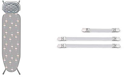 Addis Large Prefect fit Replacement Ironing Board Cover, up to 135 x 46 cm, Silver Flamingo Design, Cotton Pink, 5 x 24 x 30 cm & Brabantia Ironing Cover Fasteners - White