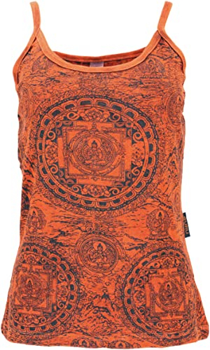 GURU SHOP Yoga Top Mandala, Boho StonewashTop, Goastyle Sommertop - Rostorange, Damen, Size:S/M