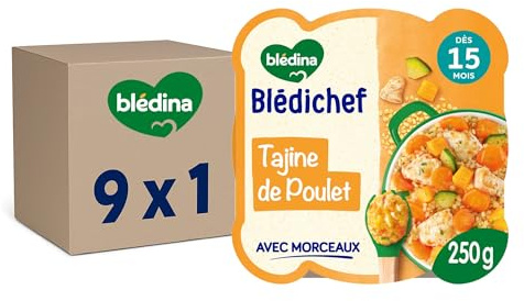 Blédina - Blédichef - Repas Bébé 15 Mois - Plat Bébé Tajine de Poulet Citron Coriandre - Petits Morceaux - 100% Ingrédients d'Origine Naturelle - Dès 15 Mois - 1 Assiette de 250g