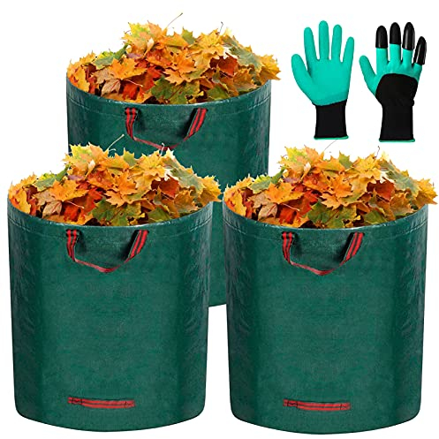 Gartensack,Gartenabfallsack,3 Stück 272L Selbsttragende Gartensack Abfallsack,Faltbar mit 4 extra starken Griffen,inkl 1 paar Gartenhandschuhe