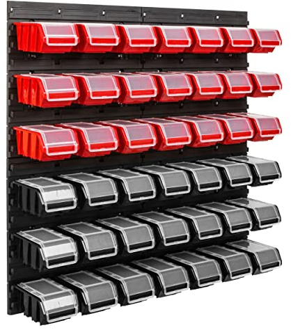 SimpleThing Lagersystem Werkstattregal | 78 x 78 cm | 42 stck. Box | Wandregal mit Stapelboxen - Wandplatten Extra Starke Schüttenregal Warkzeuglochwand Lagerregal Garage Regal (2)