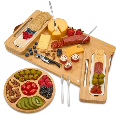 Bamboo Charcuterie Boards Gift Set with Magnetic Removable Side Trays, Fruit Tray, Handles, Cutlery-Ready Box & House Warming Gifts New Home