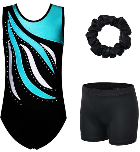 XFGIRLS Gymnastikanzug für Mädchen, langärmelig, glitzernd, ärmellos, für Mädchen, Ballett, Gymnastik, Shorts, 3–16 Jahre, Schwarz, Blau, ärmellos, 9-10 Years
