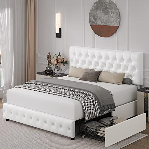 Queen Bed Frame with 4 Storage Drawers and Adjustable Headboard, Upholstered Faux Leather Platform Bed with Button Tufted Design, Strong Wooden Slats Support, No Box Spring Needed, White