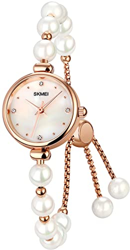 findtime Perlen Armbanduhr Damen Schmuck Elegant, Bracelet Armreif Armkette Weiß Uhren Design Women Strass Analog Quarz Armbanduhr Spangenuhr für Frauen Liebhaber Freundin