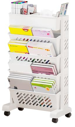 LANSKYLAN Mobiler Bücherregal Wagen Beweglicher Bücherregalwagen Drehbares Bücherregal Weiß mit 5 Ebenen Bücherwagen mit Rollen Bücherregal Wagen Kinder Bücherregale für Kinderzimmer Heim Büro
