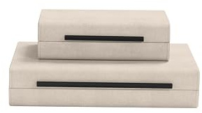 Ivory Shagreen Decorative Boxes Set of 2-Modern Faux Leather Jewelry Orgazier, Engineered Wood Keepsake Boxes With Black Metal Handles for Home Decor Living Room Console Table, Gift (Ivory)