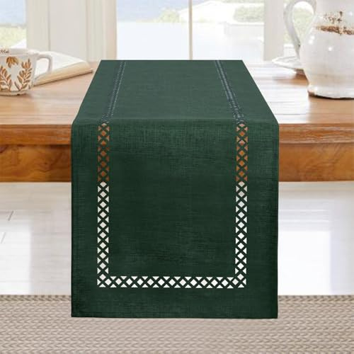 BAZIOE Moderne Chemin de Table Vert 183*33 cm Lavable Lin Chemin de Table Design Ajouré Aspect Lin de Haute Qualité Idéal pour Décoration de Fête de Vacances, Table à Manger, Fête de Noël.