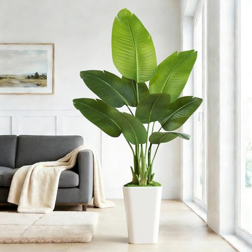 Keeplush Artificiale Uccello del Paradiso 150cm Alta con Vaso Bianco, Piante Finte da Interno Grandi Finta con 9 Foglie, Albero Banano Artificiale Per Interni Esterno Soggiorno Ufficio Giardino Dec