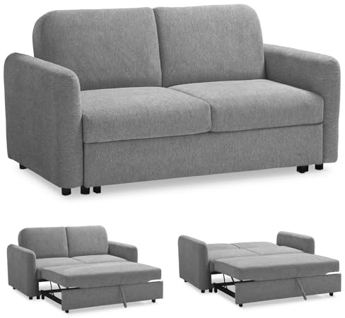EVERGREENWEB Divano Letto 2 Posti Matrimoniale L165xP90xA80 cm Morbido Tessuto Grigio, Schienale Reclinabile a Doppio Cuscino, Sofà con Chaise Longue Estraibile, Struttura Rinforzata Pieghevole, NELLY