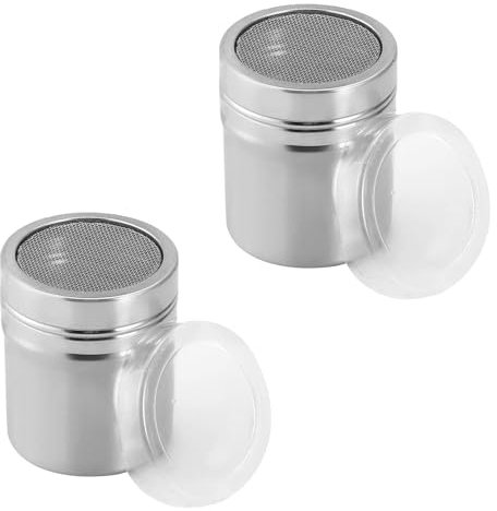 2 Pezzi Spargizucchero in Acciaio Inox con Coperchio, per Zucchero a Velo, Cacao, Farina, Caffè e Spezie – Ideale per Cucina e Decorazione
