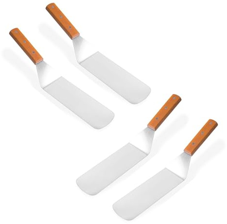 Set om 4 stekspade stora i rostfritt stål | köttsvarvare med trähandtag | Steklyft – stekspade | grillspade | grillspatel | BBQ grillspatel | köksskrapa hamburgare grillspade