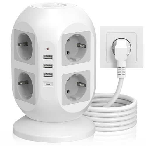 Torre di presa con USB, 8 prese con USB C, presa multipla con interruttore, torre di presa con cavo da 2 m, protezione da sovratensione per casa e ufficio, bianco