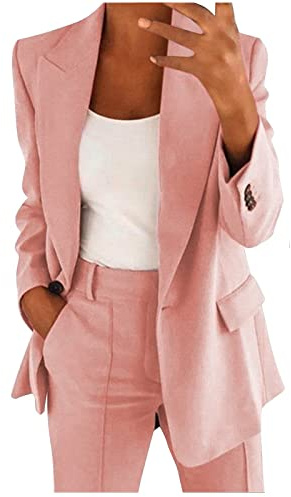 Byxdress för damer, elegant, festligt tvådelat set, kostym för bröllop, 2-delad byxdress för sommaren, långärmad businessoutfit, enfärgad blazer och byxa, set med öppen front och knappar, fritidsdräkt