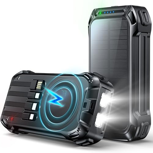 Cargador solar inalámbrico de 26800 mAh, batería externa de 30 W PD, carga rápida, cargador inalámbrico de 15 W con 4 cables integrados, 3 puertos, linternas, batería portátil para teléfonos, tabletas